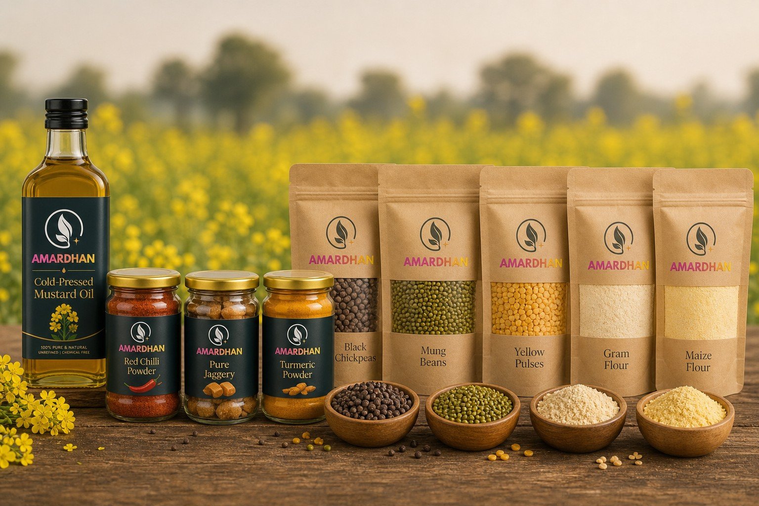AMARDHAN mustard oil, spices, jaggery, pulses and flours