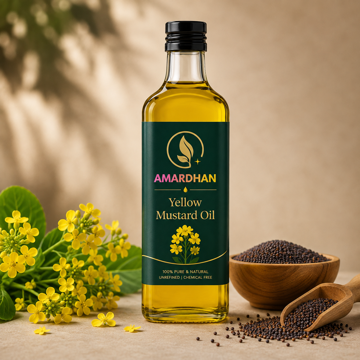 Yellow mustard oil with mustard seeds and flowers